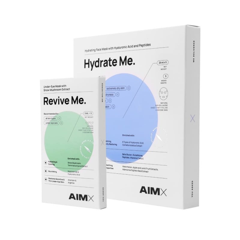 AimX lakstiniu kaukiu rinkinys Hydrate Me veidui ir paakiams | Jovi Esthetic